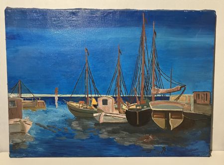 Akryl maleri Nr 151 ( Båd-Havnen ) af kim sommer malet i 2009
