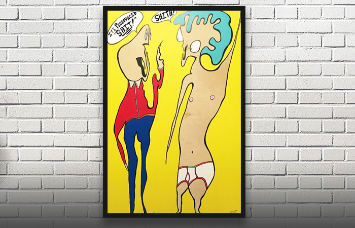 Maleri af to tegneseriebaserede personer der snakker på en gul baggrund