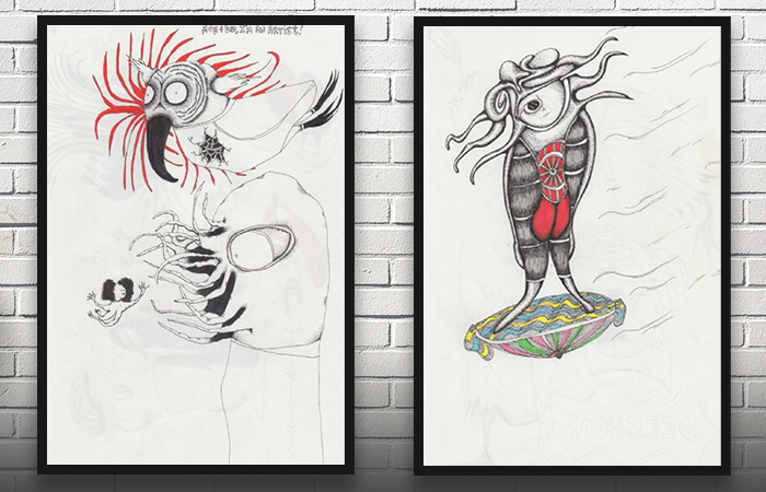 To Surrealistiske væsener tegnet på a4 papir i farver
