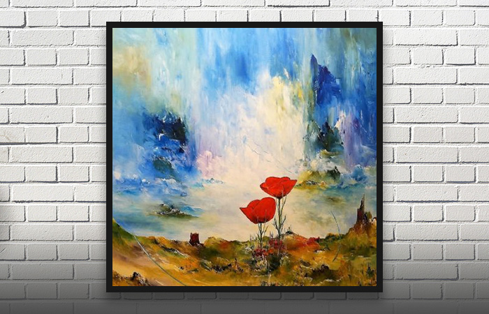 Dansk abstrakt maleri af røde roser på jorden med en smuk himmel i baggrunden