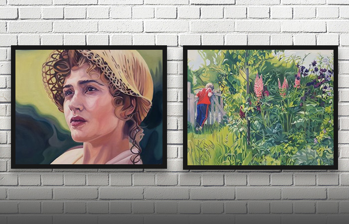 To malerier af af en kvinde og af en dreng som kigger ud af haven