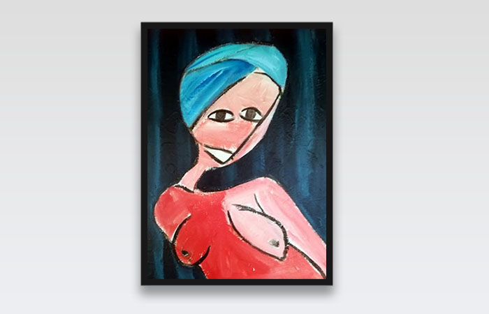 Maleri af kvinde i rød kjole, med det ene bryst blottet