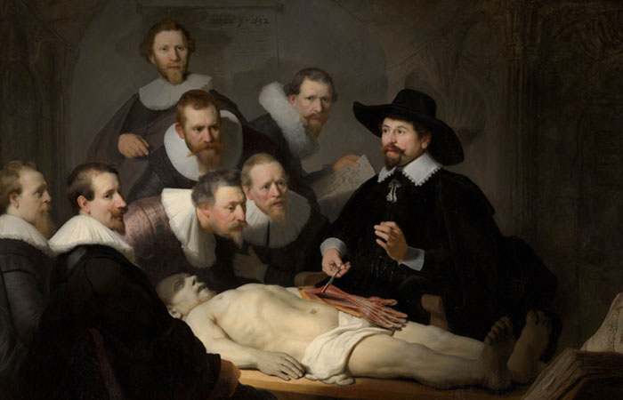 Læger undersøger en død patient i Maleriet Dr. Nicolaes Tulp anatomi-lektion