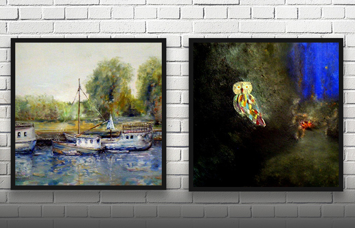 To malerier på hvid murstensvæg af skibe som lægger til havn og af et fantasidyr i mørket