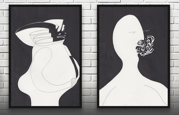 To sort og hvide malerier af Brad Mossman