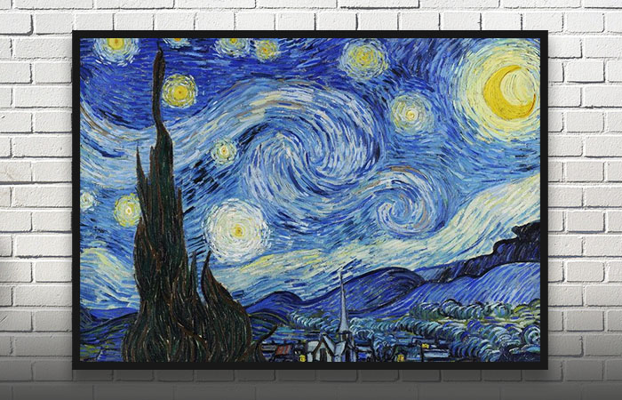 Stjernenatten - blåligt maleri med sorte former i forgrunden og lysende stjerne på himlen