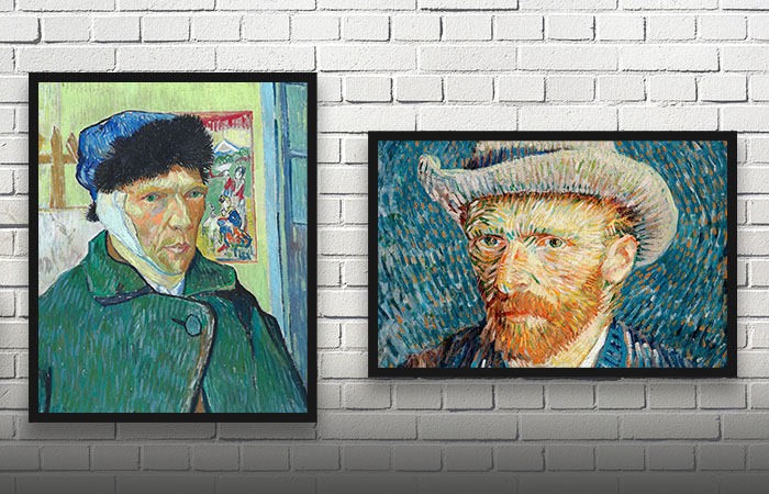 To selvportrætter af Van Gogh, her vises “Selfportrait with Bandaged Ear” samt “SelfPortrait with Grey Felt Hat”