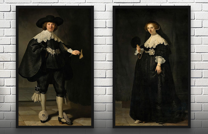 To malerier af et bryllipspar af den berømte maler Rembrandt