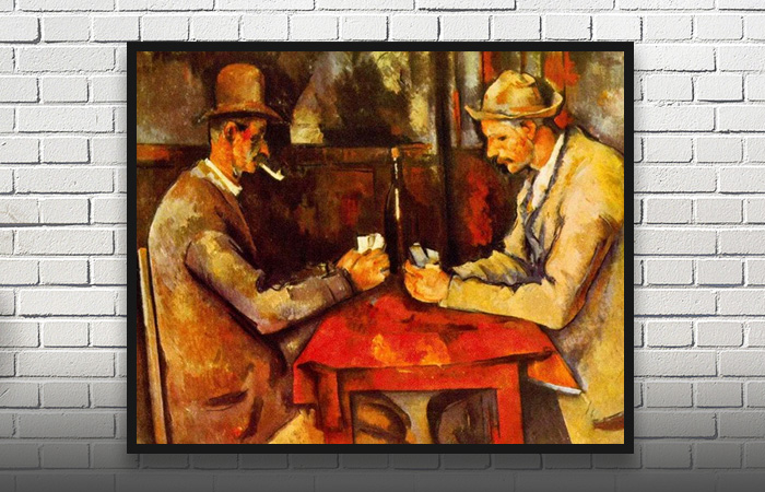 Maleri af to personer som spiller kort i rødlige nuancer