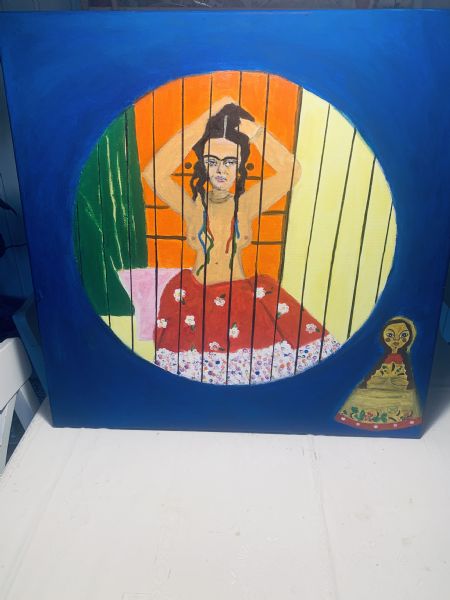 Akryl maleri Frida Kahlos toilette. af kirstenbente pedersen malet i 2024