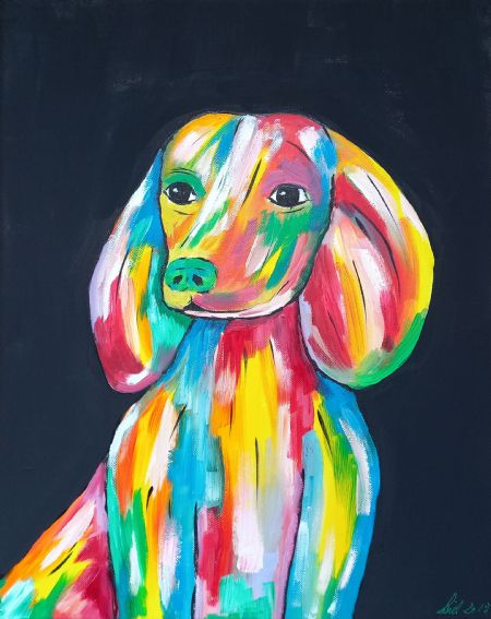 Blandede medier maleri Multifarvet hund af Christina Lind malet i 2019