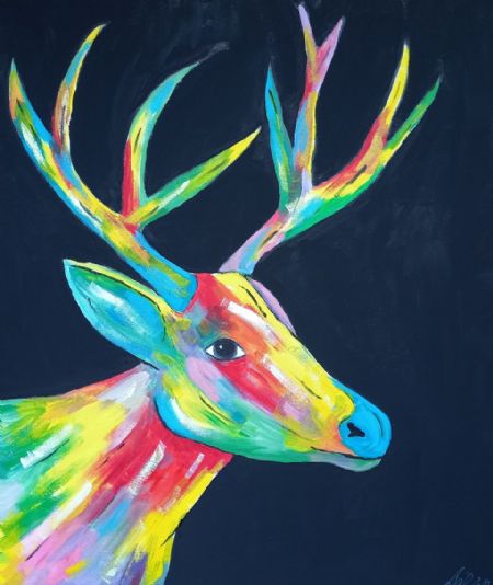 Blandede medier maleri Multifarvet hjort af Christina Lind malet i 2019