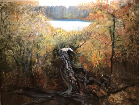 Akryl maleri Farum sø af Bettina Svejsø malet i 2023