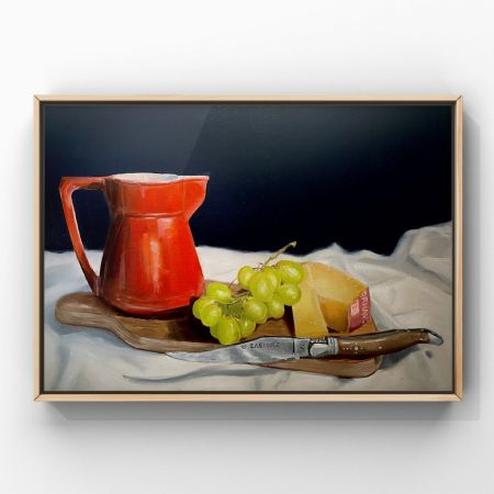 Olie maleri Opstilling: kande, ost og druer - pengene går ubeskåret til “Børns Vilkår” af Steen Sønderup malet i 2024
