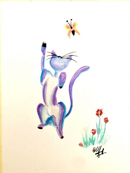 Akvarel maleri Playing cat af Nicole Forup malet i 2024