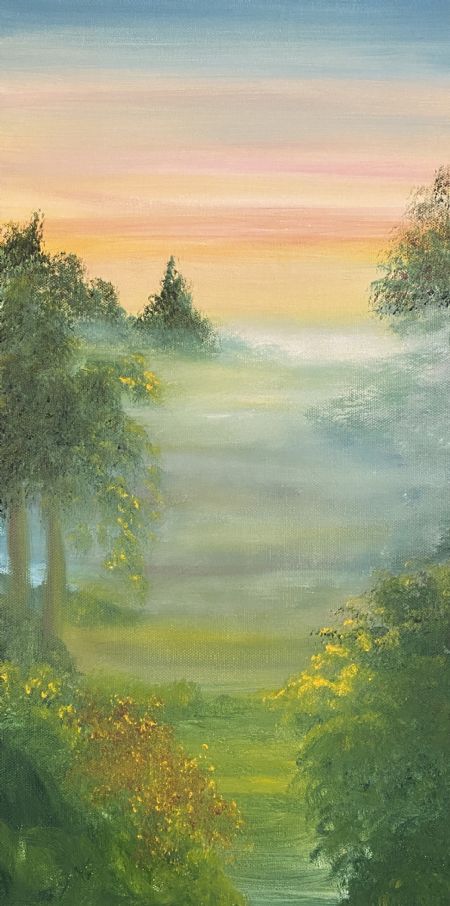 Akryl maleri Tidlig morgentur i tåge af Anette Thorup Hansen (ATH) malet i 2023