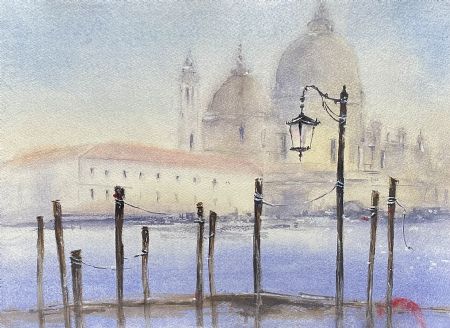 Akvarel maleri Morgendis i Venedig af Galina Landbo malet i 