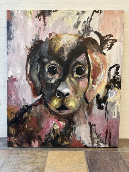Akryl maleri Lyserød hundehvalp af Lisbeth Øster malet i 2023