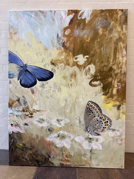Akryl maleri To sommerfugle Argusblåfugl af Lisbeth Øster malet i 2024