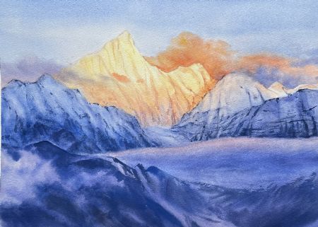 Akvarel maleri Solnedgang i bjergene af Galina Landbo malet i 
