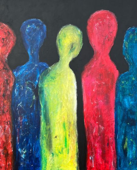 Akryl maleri Colorful Assembly af Annette Lyager malet i 2023