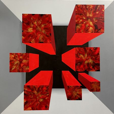 Akryl maleri Squared Flower Red af Lene Unmack Larsen malet i 2022