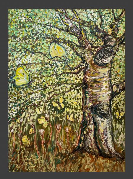 Akryl maleri Yellow Butterflies af Helene Ehrhardt malet i 2024