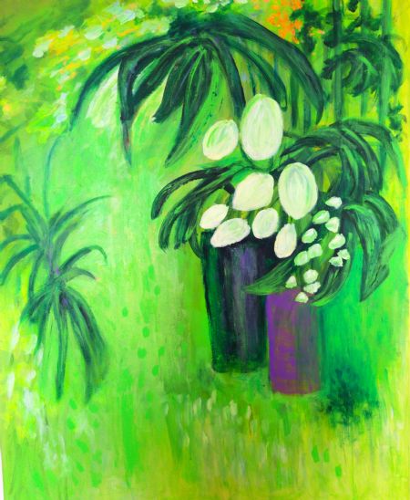 Akryl maleri 'White Flowers on Green' af Aase Lind malet i 