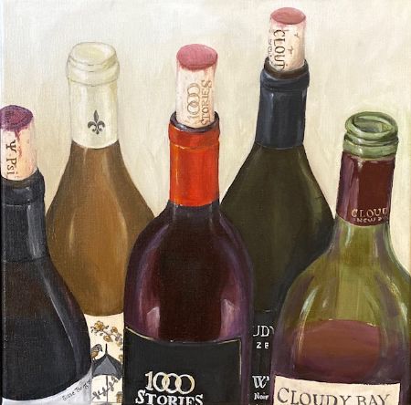 Akryl maleri Gode flasker af Sisse Borg malet i 2023