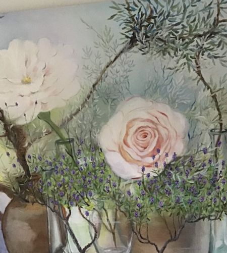 Olie maleri la vie en rose af Karin Serup Tavares malet i 2015