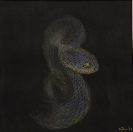 Akvarel maleri Slangen i mørket af Jette Laursen malet i 2023