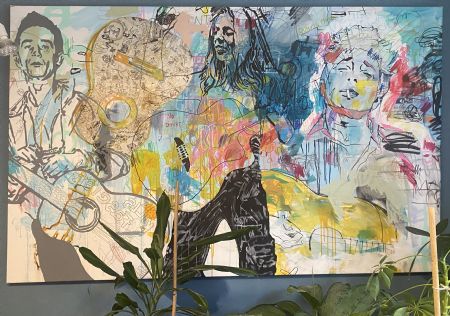 Akryl maleri Bob Dylan, Woody Guthrie & Ani DiFranco af Lykke Scavenius malet i 2018