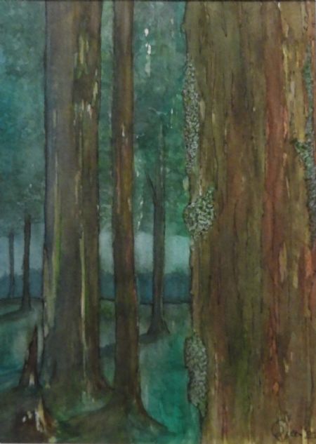 Blandede medier maleri I skovens dybe stille ro af Jette Laursen malet i 2023
