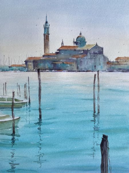 Akvarel maleri En morgen i Venedig af Galina Landbo malet i 