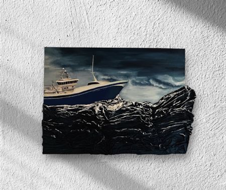 Olie maleri Fisker skib af Leila A. Jansen malet i 2024