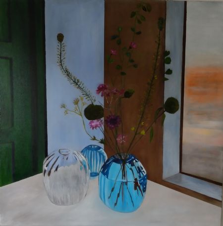Olie maleri Vaser på bord af Marianne Laursen malet i 2024