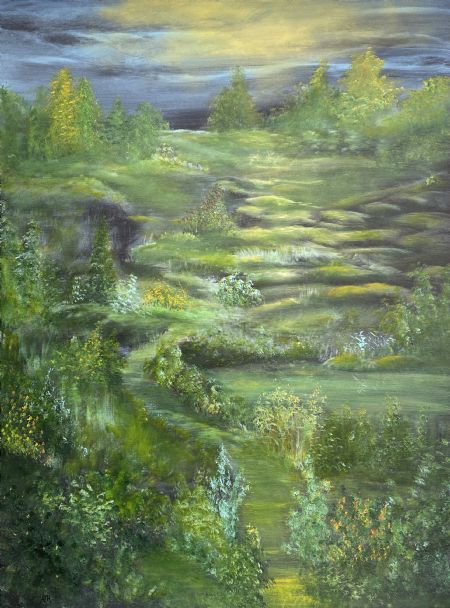 Akryl maleri Green walk/ på vej mod havet. af Anette Thorup Hansen (ATH) malet i 2024