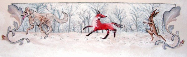 Akryl maleri Ulven, ræven og haren af Lene Fagerlund Larsen malet i 2009