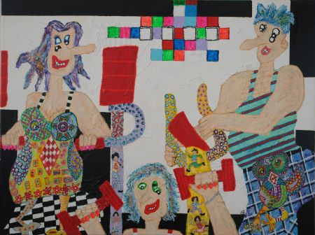 Blandede medier maleri Vi fede må svede. www.Galleri-HJ.dk af Helle Jensen malet i 