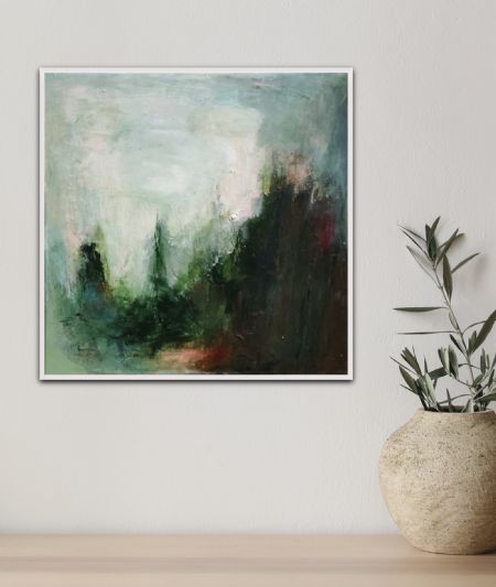 Akryl maleri Forrest in the mist af Karina Døj malet i 2024