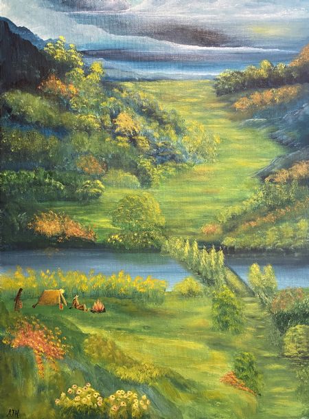 Akryl maleri A woman’s work; the picnic. af Anette Thorup Hansen (ATH) malet i 2023