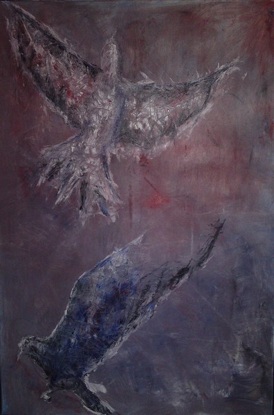 Olie maleri Blue Bird, Red Bird af Lara malet i 2009