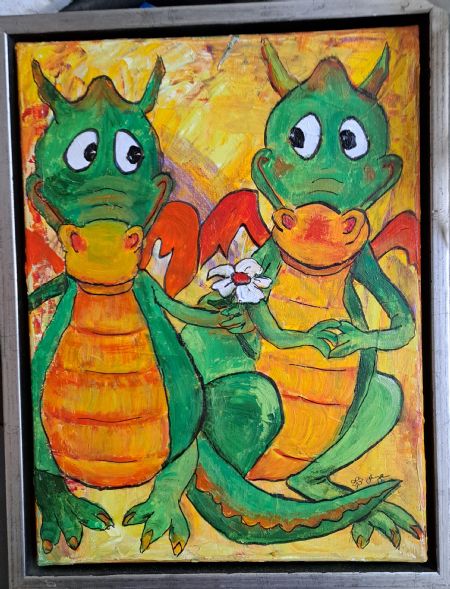 Akryl maleri Puff the magic dragon med sin kæreste. af Inge Toft malet i 2010