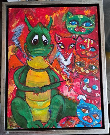 Akryl maleri Puff the magic dragon griller med vennerne. af Inge Toft malet i 2010