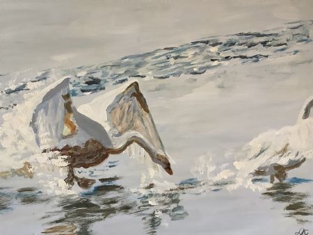 Akryl maleri De vilde svaner af Lone Kingo malet i 2024