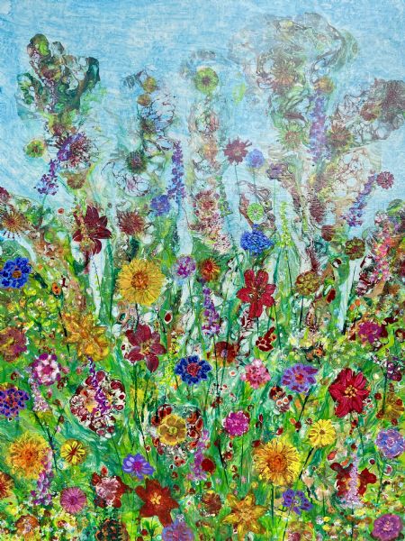 Blandede medier maleri Blomster i skygge af Lisbeth Storgaard malet i 2024