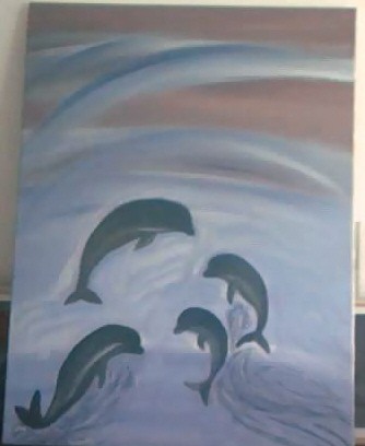 Olie maleri 4 dansende delfiner. af Malou Hein malet i 2003