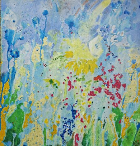 Akryl maleri blomsterne på engen af Inge Toft malet i 2010