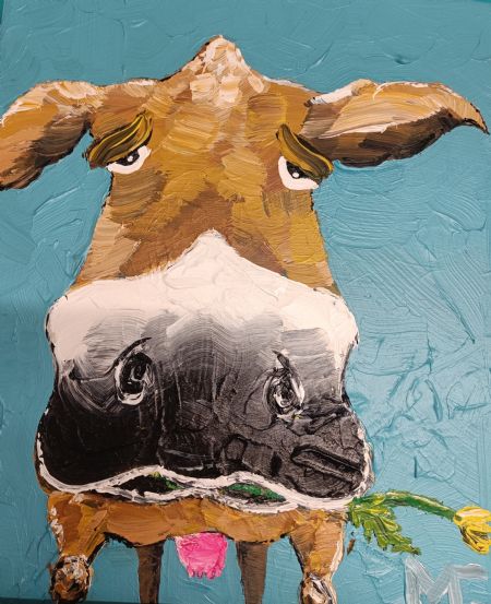 Akryl maleri Ko med mælkebøtte af Art by Gaarden malet i 2025