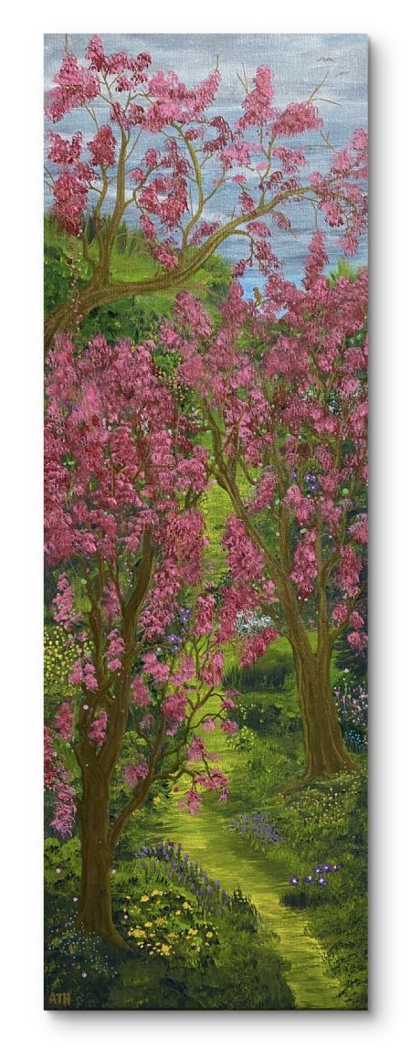 Akryl maleri Pink Tree Walk with Birds af Anette Thorup Hansen (ATH) malet i 2025